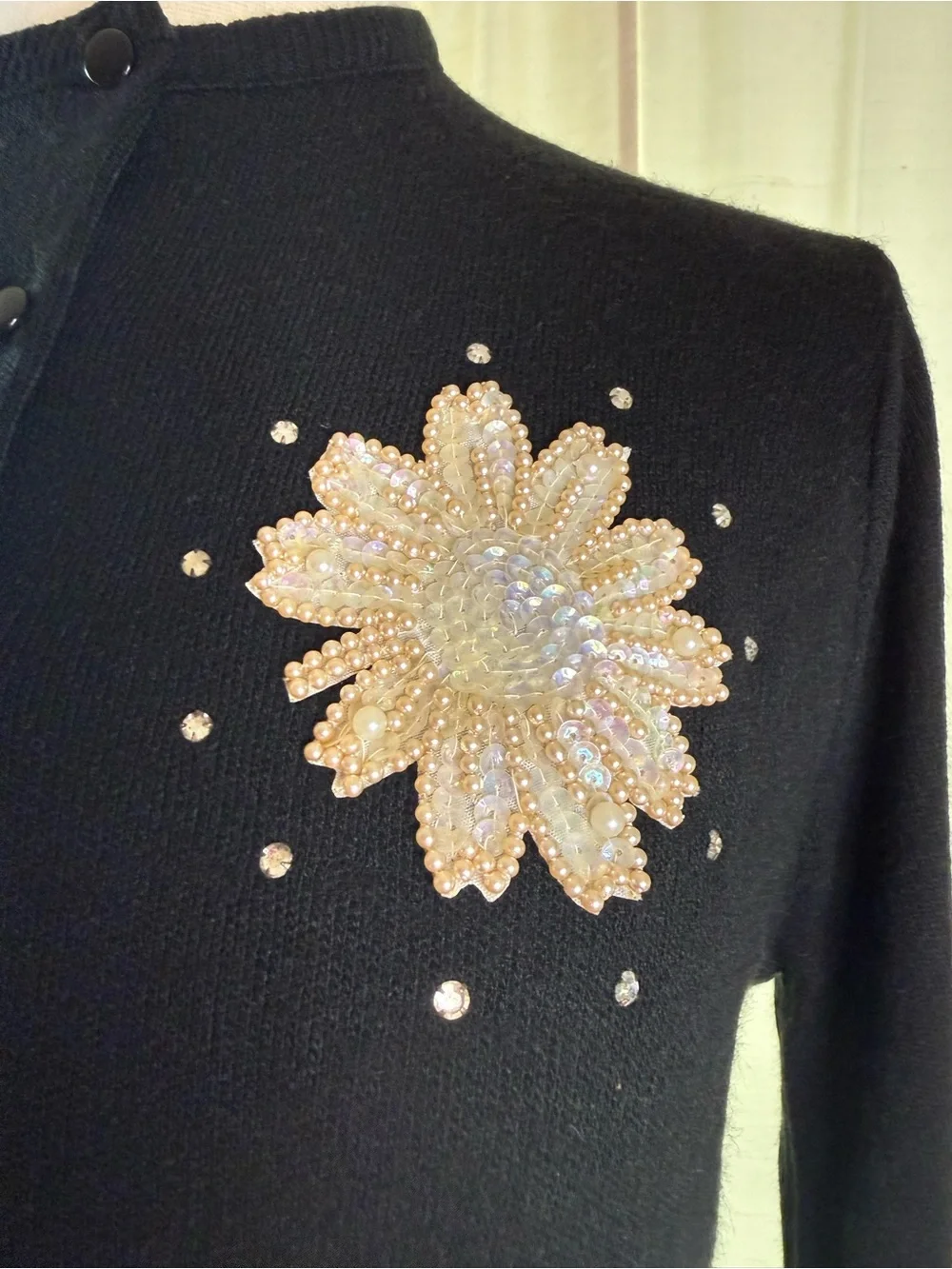 Vintage 1960s Black Women's Cardigan with Pearl and Sequin Floral Appliqué-S